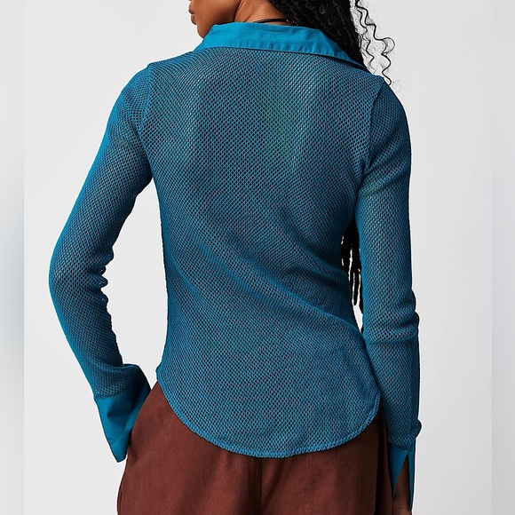 NEW Free People Siggi Button Down Shirt In Crystal Teal Blue - Picture 2 of 14